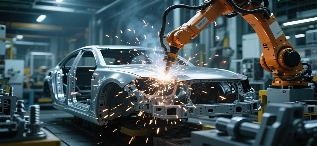 工业机器人焊接车身，火花飞溅的自动化生产场景
