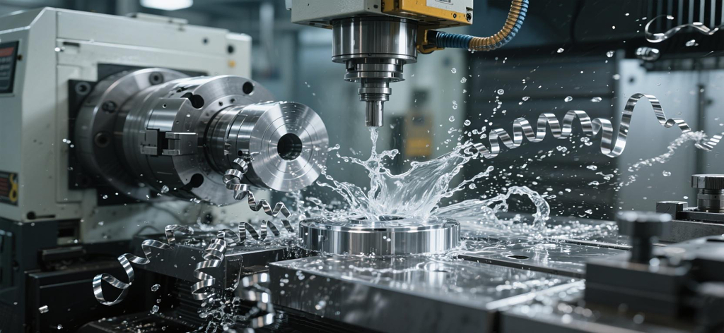 数控车床加工金属零件，冷却液飞溅与切屑卷曲的精密工艺