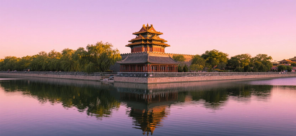 故宫角楼黄昏景致：古建筑与水面倒影共绘的唯美古风画面