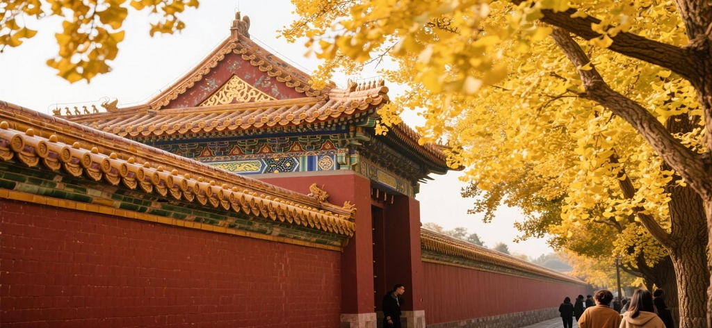 故宫秋景：红墙黄瓦与金黄银杏交织的古建美学场景