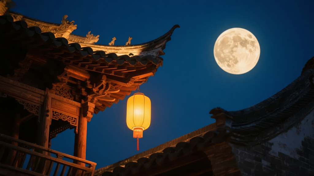 中秋节古镇赏月灯笼的唯美风背景图