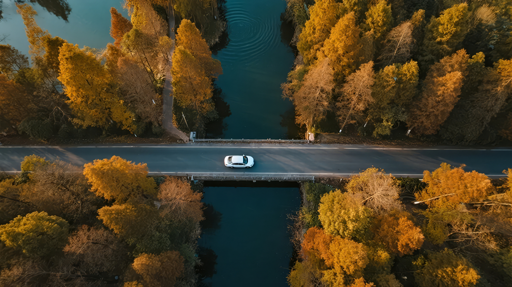秋季公路汽车穿行森林的航拍自驾游背景