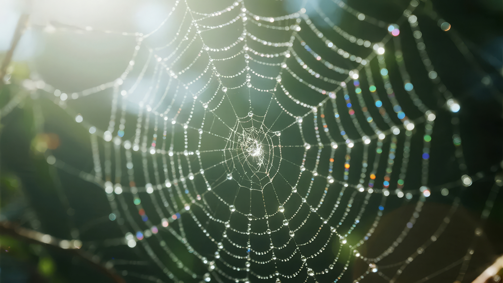 阳光下带露珠的蜘蛛网的唯美自然背景