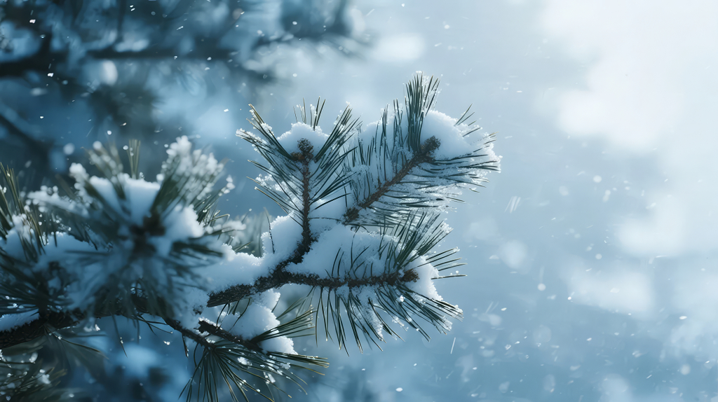 冬季松枝积雪下雪的唯美寒冷自然背景