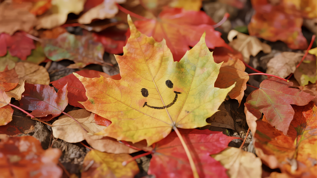 带笑脸的枫叶秋季落叶的治愈系背景图