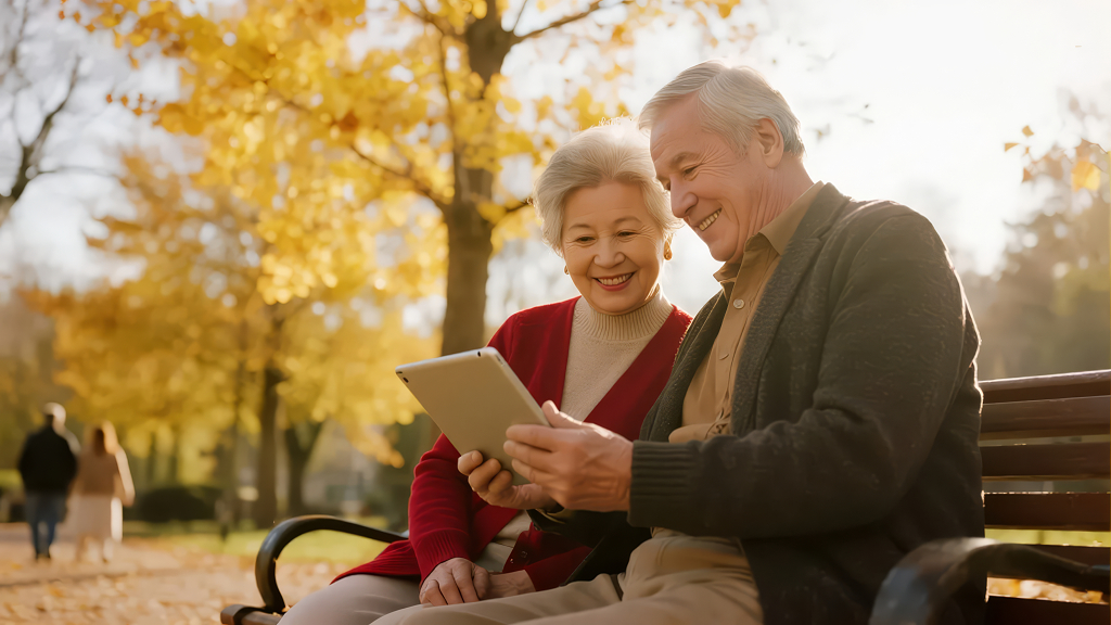 老夫妇在公园使用平板电脑的幸福养老生活