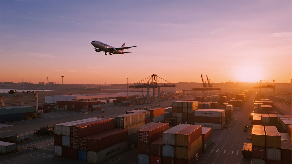 飞机飞越港口的国际贸易与物流运输背景