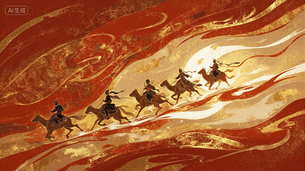 西域敦煌丝绸之路商队行走在大漠孤烟中异域风情红金配色背景插画