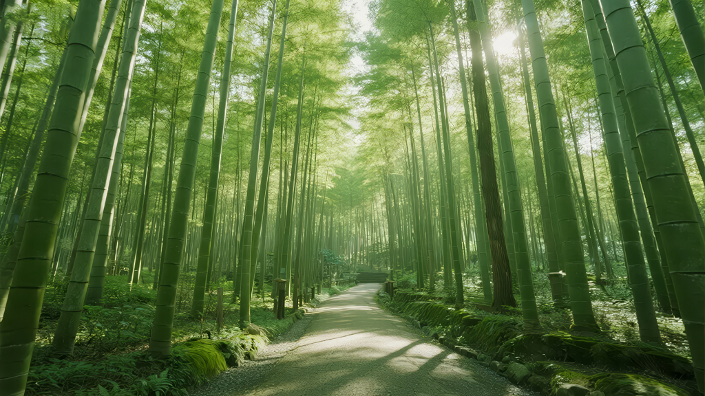 阳光穿透竹林的唯美治愈系自然风光背景
