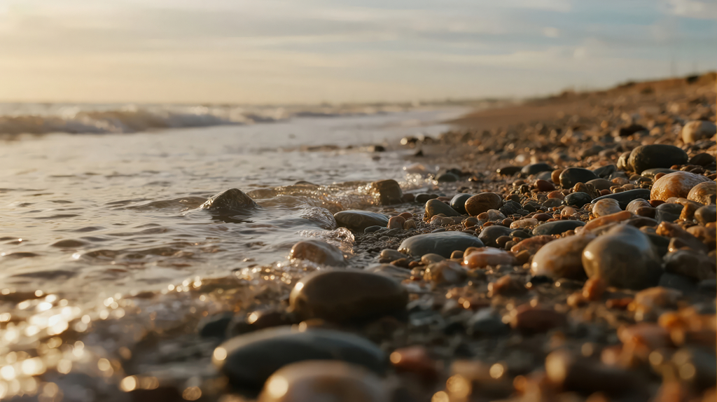 海边鹅卵石沙滩的宁静简约自然背景图