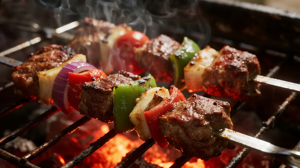炭火烤肉串的夜市美食与聚会餐饮背景