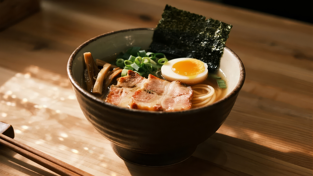 日式拉面叉烧溏心蛋的诱人美食背景图