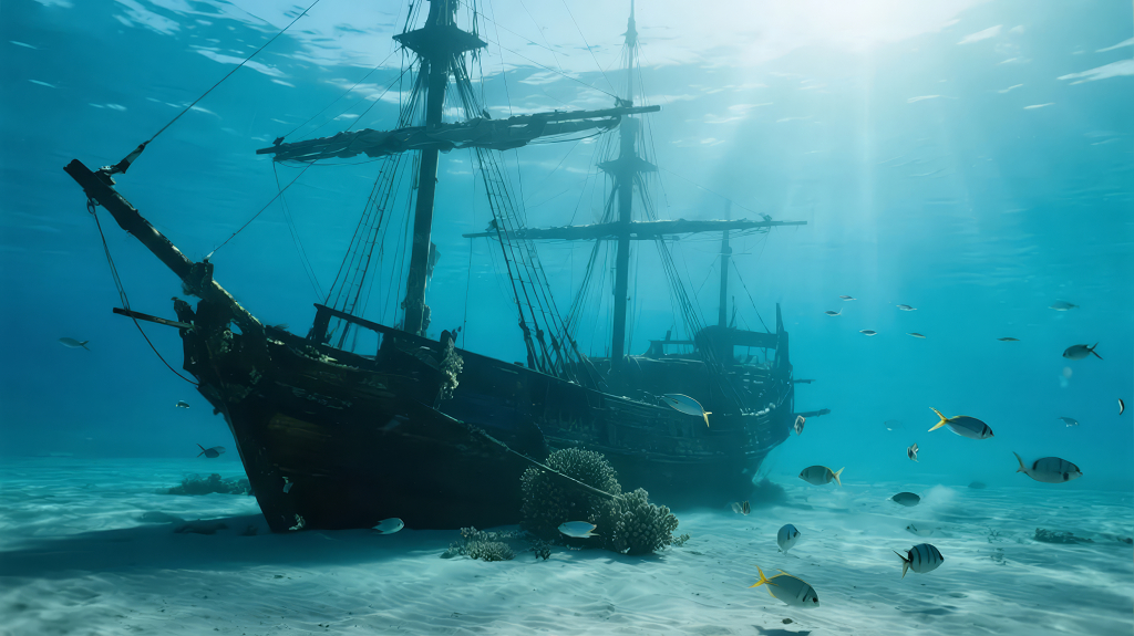 海底沉船遗迹的神秘水下考古探索背景