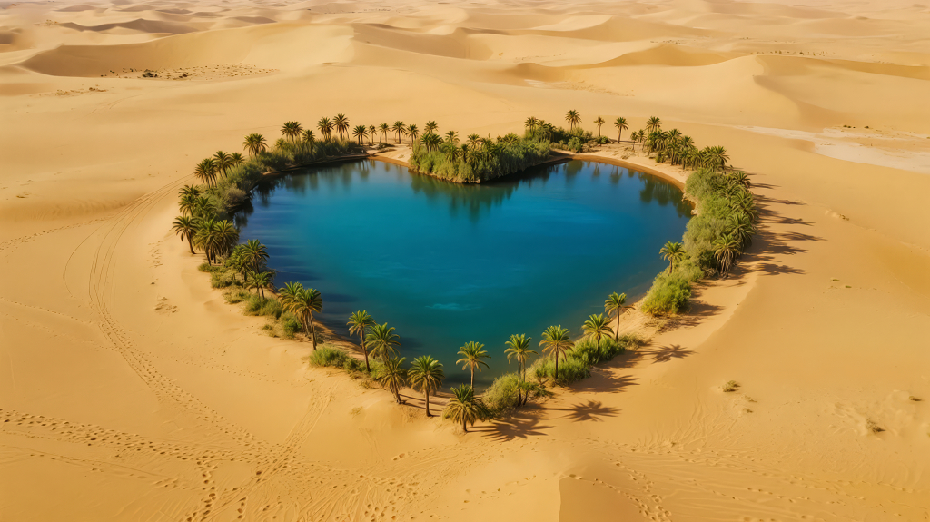 沙漠中爱心形状绿洲的创意自然奇观背景