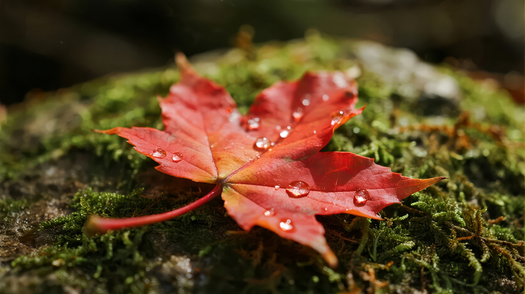 秋季红枫叶雨滴苔藓的唯美自然背景图