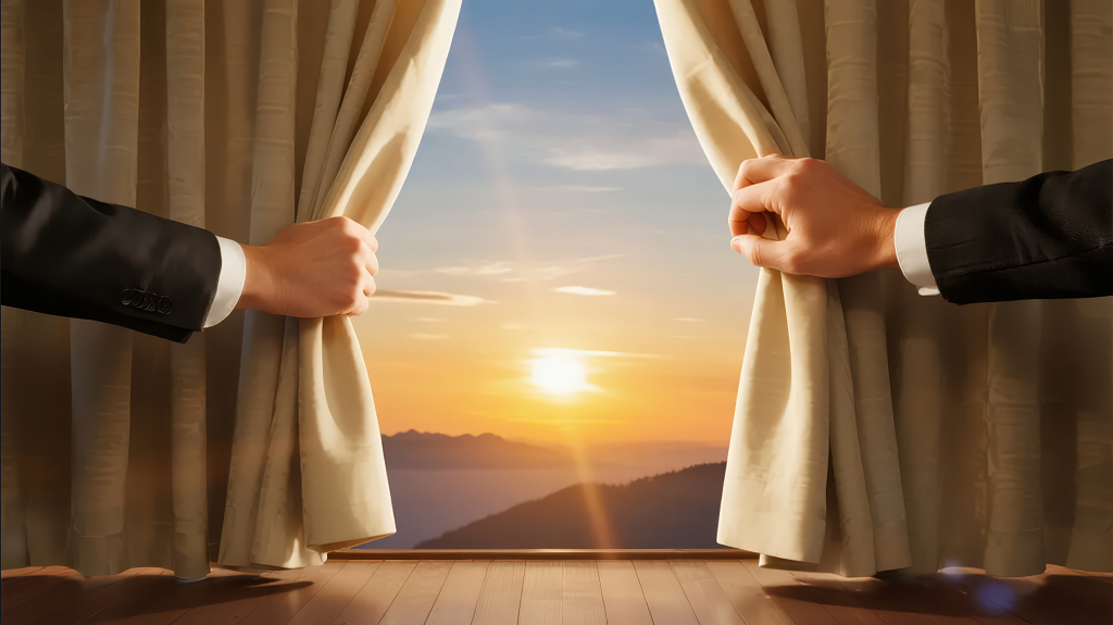 拉开窗帘迎接日出希望的商务概念背景