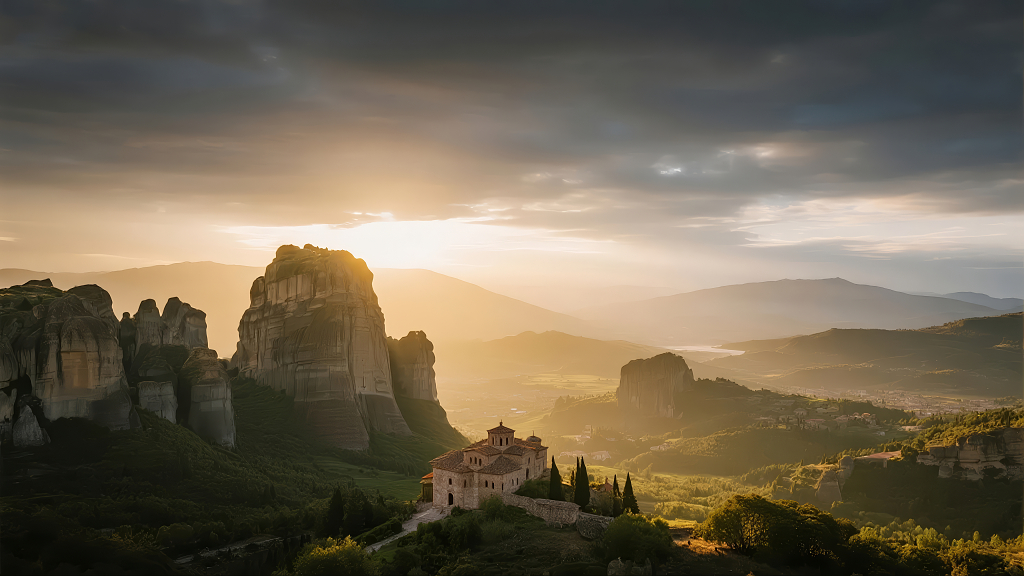 希腊梅黛奥拉天空之城的壮丽日出风光