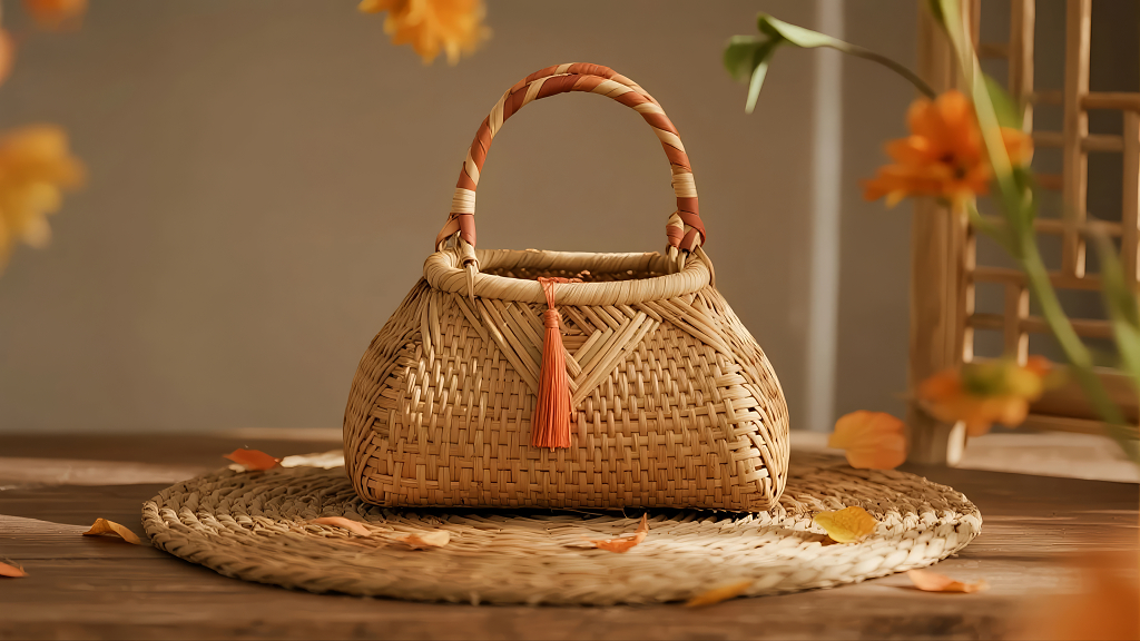 手工编织竹篮的传统手工艺静物背景图