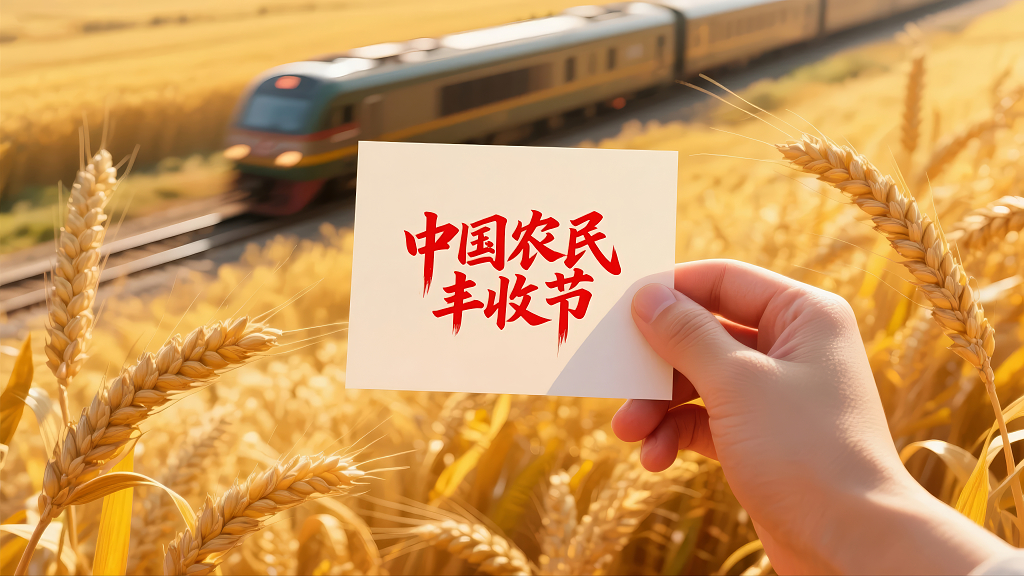 农民丰收节麦田火车的庆祝背景图