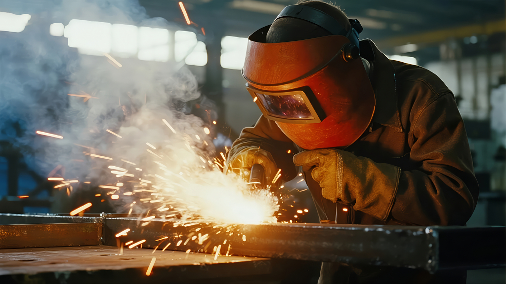 电焊工佩戴防护面罩的辛勤劳动工业背景