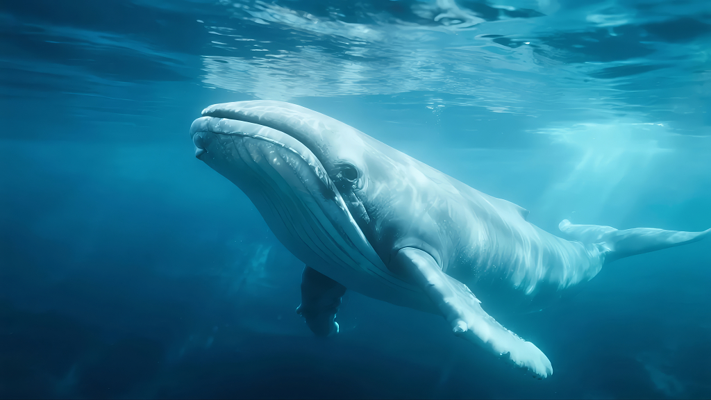 鲸鱼在海洋中遨游的壮丽生命动物背景