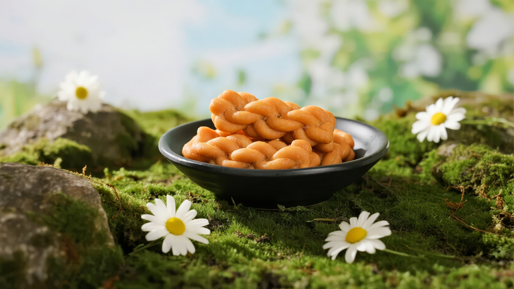 麻花雏菊苔藓的中式点心与自然背景