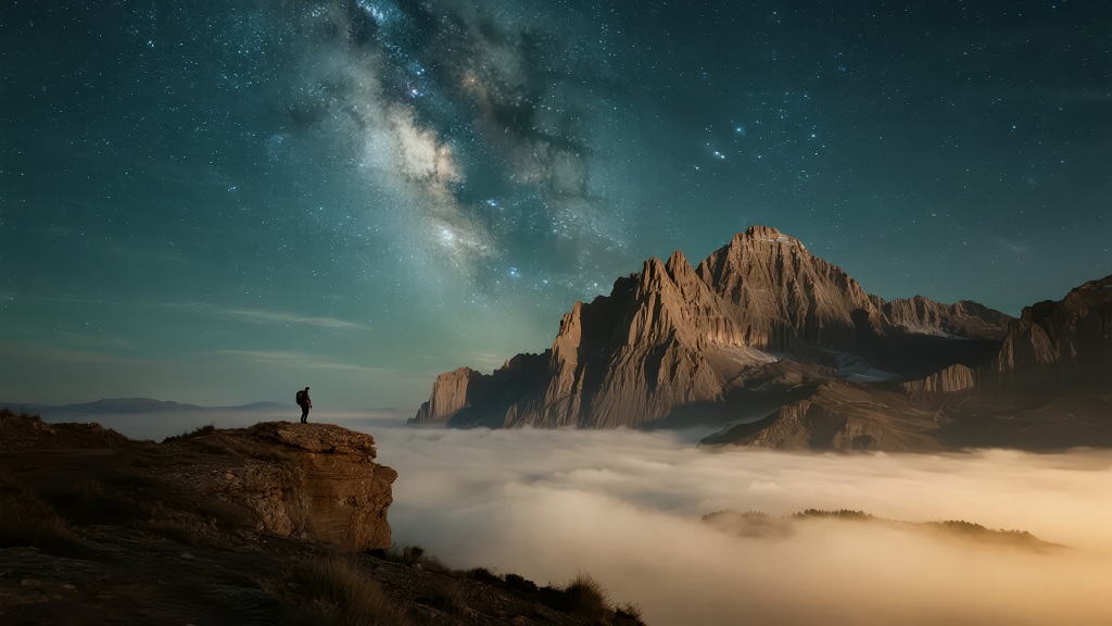 登山者星空云海之巅的探索与梦想背景