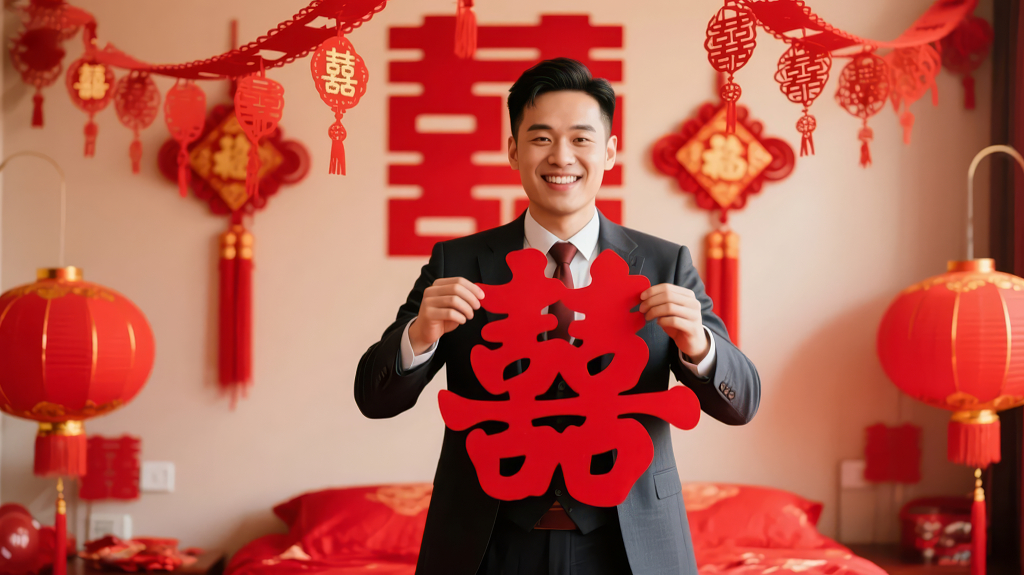 新郎手持喜字的中式婚礼喜庆人像背景