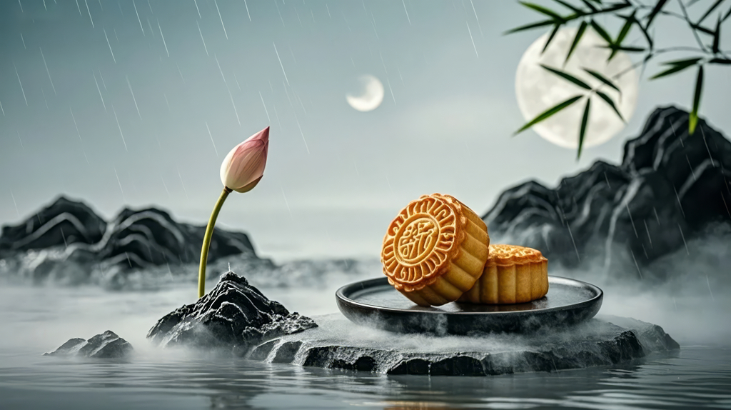 中秋节月饼莲花禅意的唯美风背景