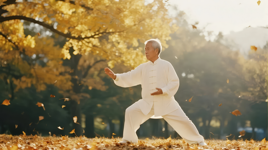 老年人公园晨练太极拳的健康养老生活