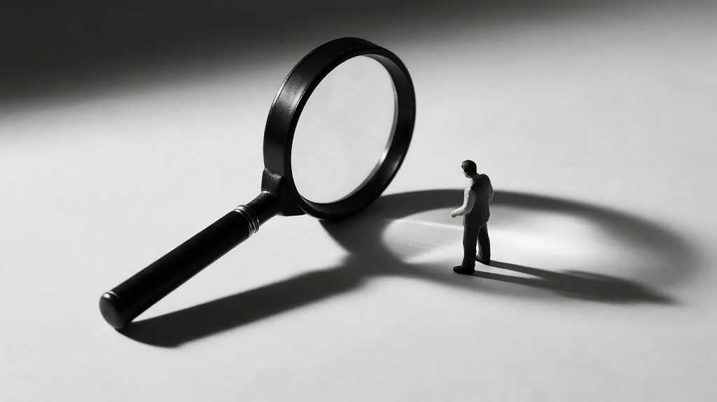放大镜下的人物被审查的评估概念背景