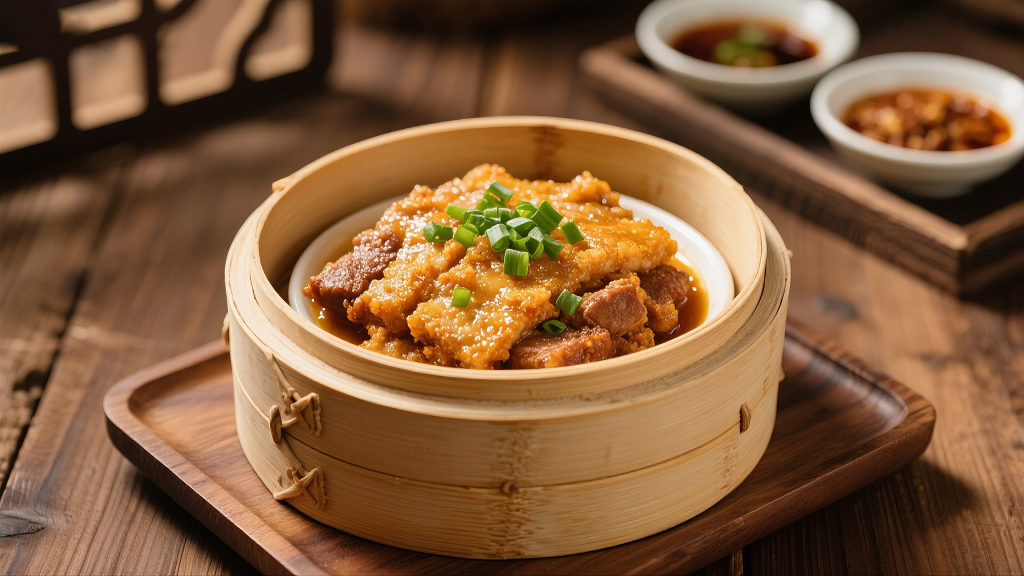 蒸笼晨放着刚蒸好的粉蒸肉美食美味年夜饭健康营养