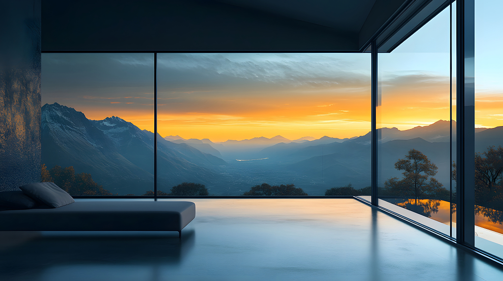 室内床铺与窗外日落山脉