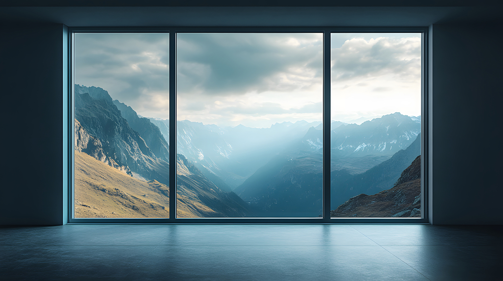 室内视角下的山脉景观