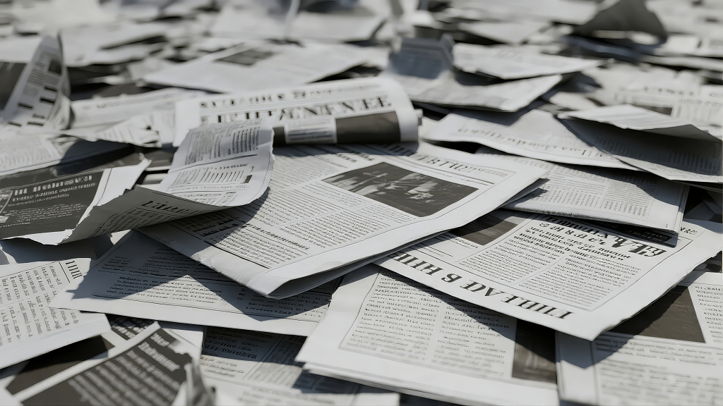 散落的报纸所构成的资讯海洋与混乱背景