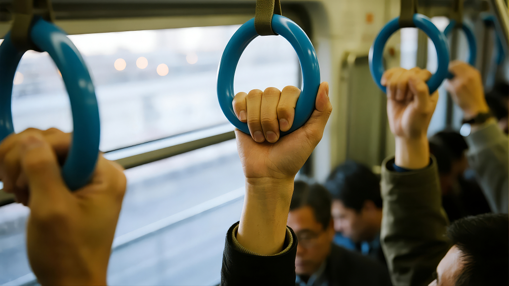 拥挤地铁中紧握扶手的生活与奋斗人像