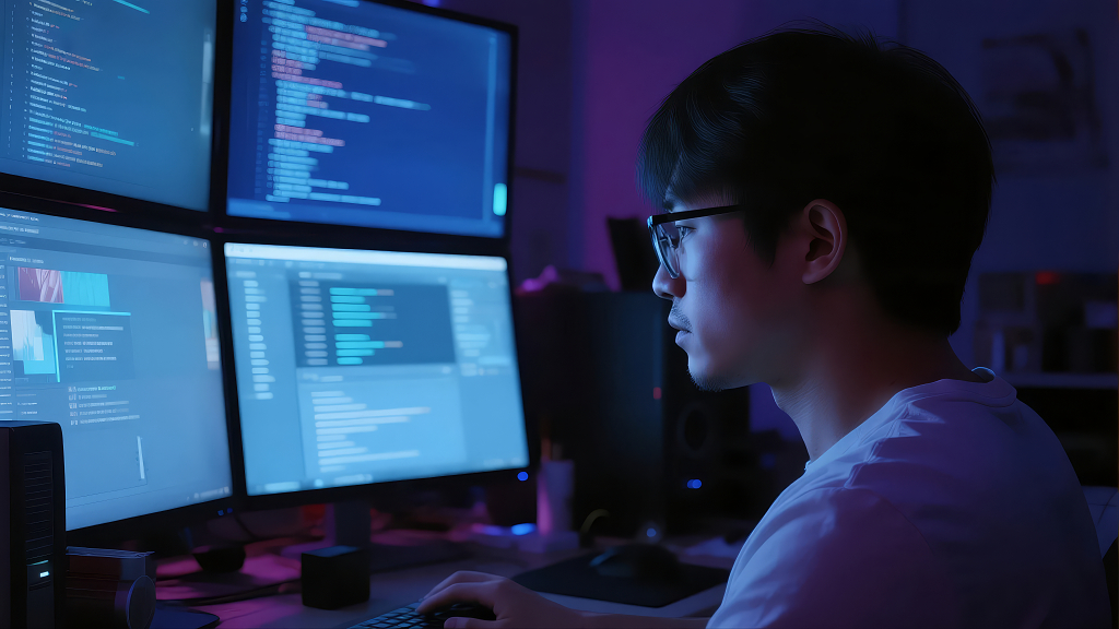 程序员多屏监控深夜加班的IT科技人像背景