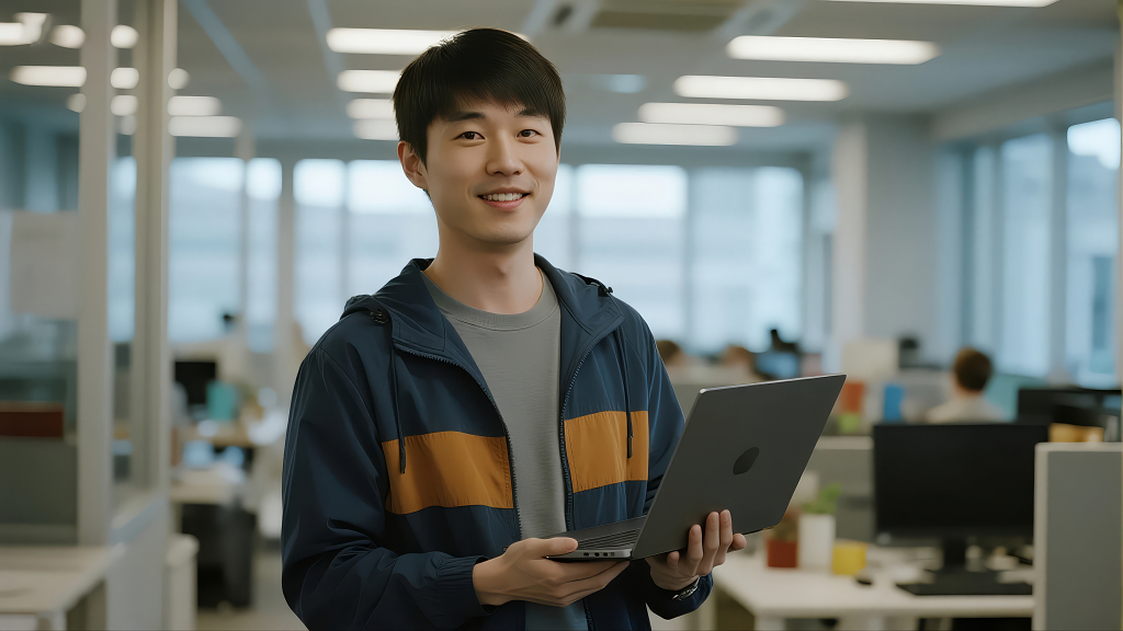 IT工程师自信微笑的现代办公室人像背景