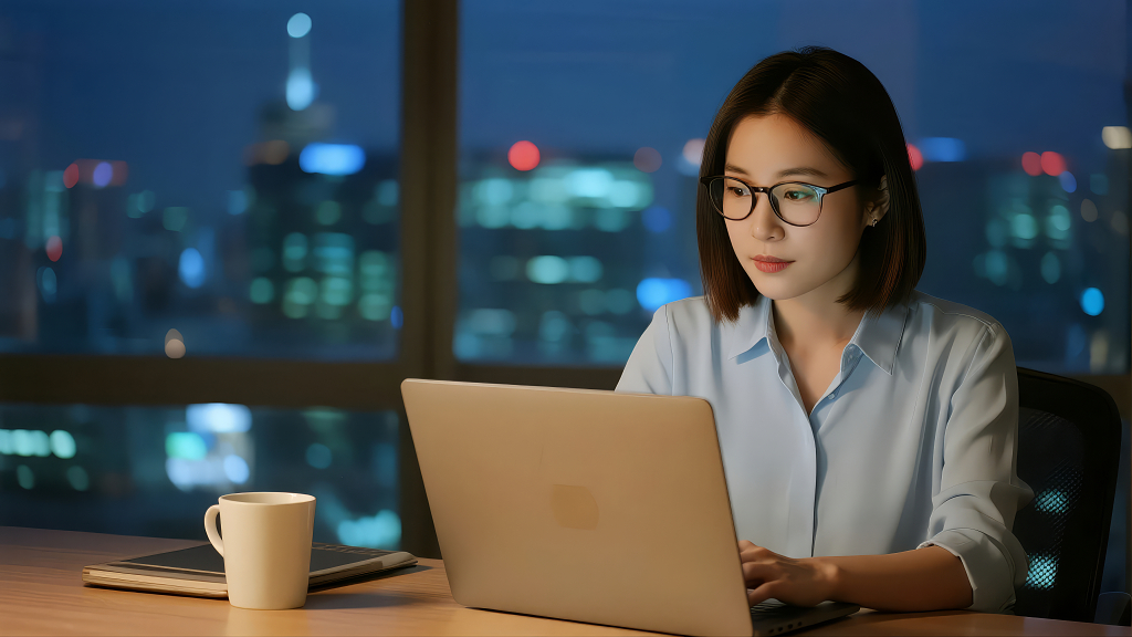 职业女性深夜加班的专注与奋斗人像背景