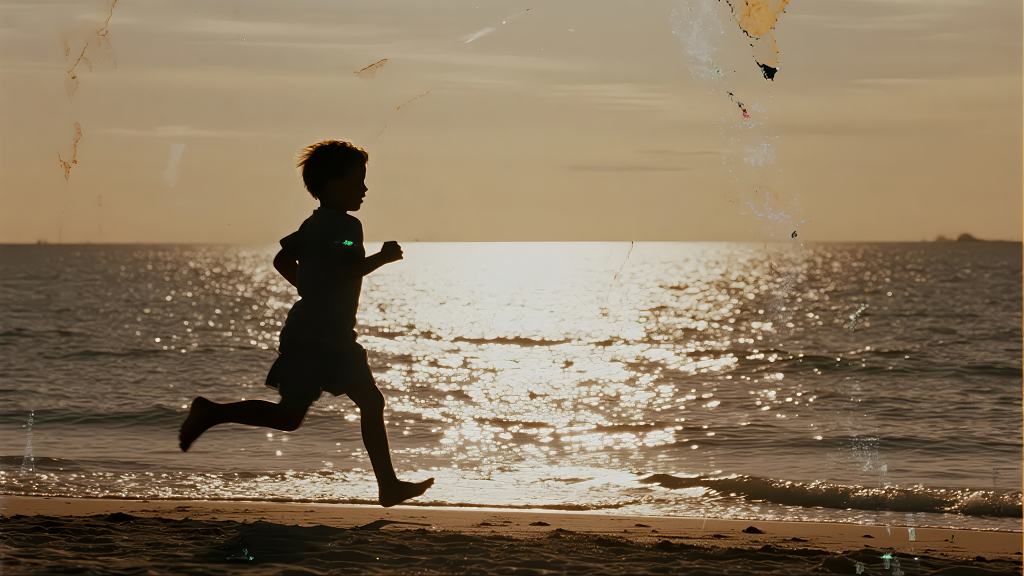 男孩海边奔跑的童年快乐与希望剪影背景