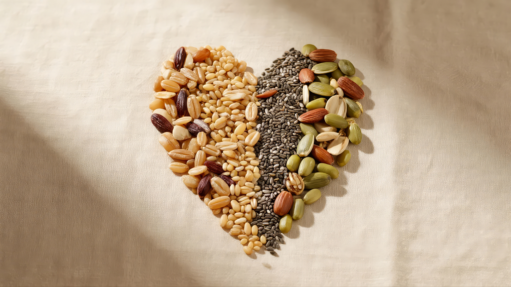 爱心形状的五谷杂粮健康饮食概念背景