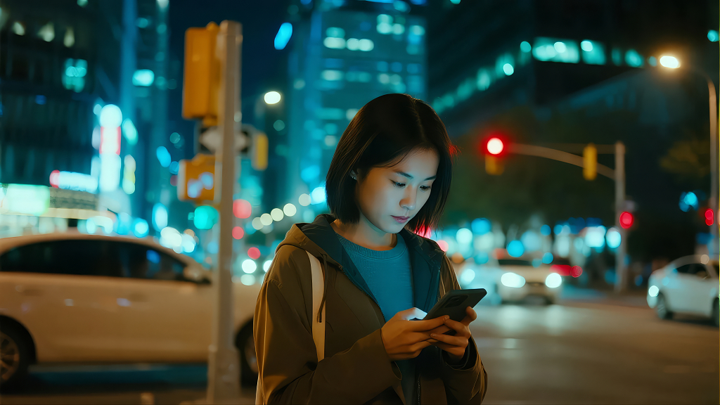 女子深夜街头看手机的城市生活人像背景