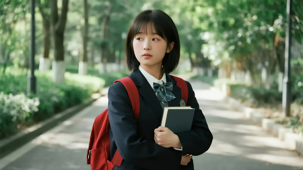 女高中生背书包走在校园的青春背景图