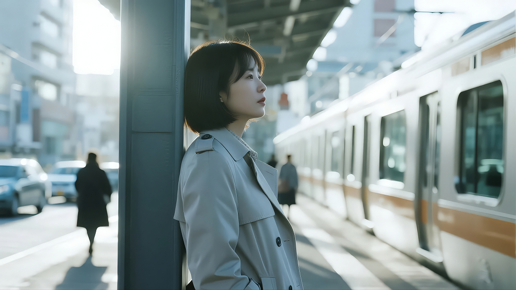 女子在车站等车的孤独与期待人像背景