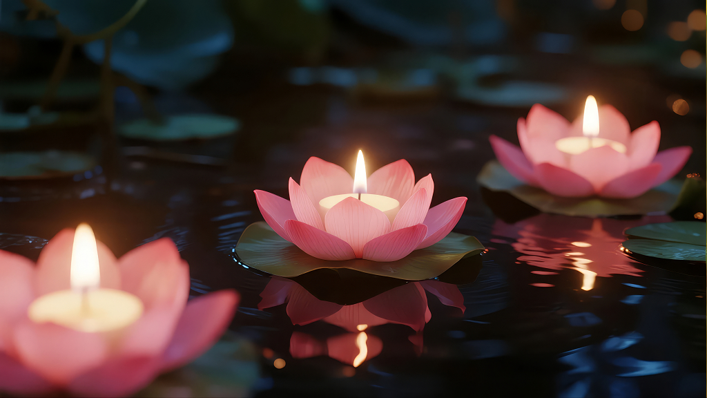 荷花灯漂浮水面许愿祈福唯美背景图