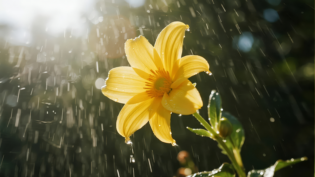 雨中黄花坚强生命力的唯美自然背景图
