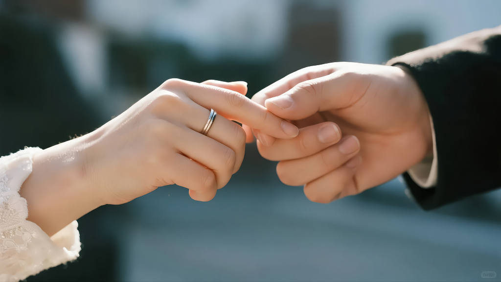 新婚夫妇牵手的承诺浪漫爱情人像