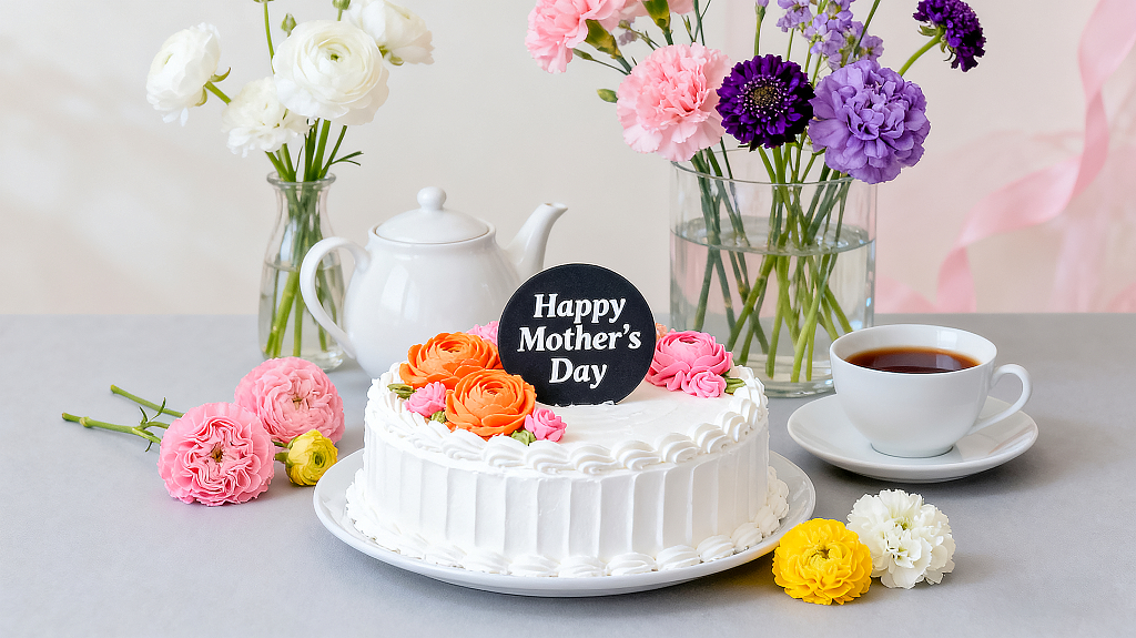 母亲节庆祝场景装饰精美的奶油蛋糕白色陶瓷茶壶柔和浅色背景