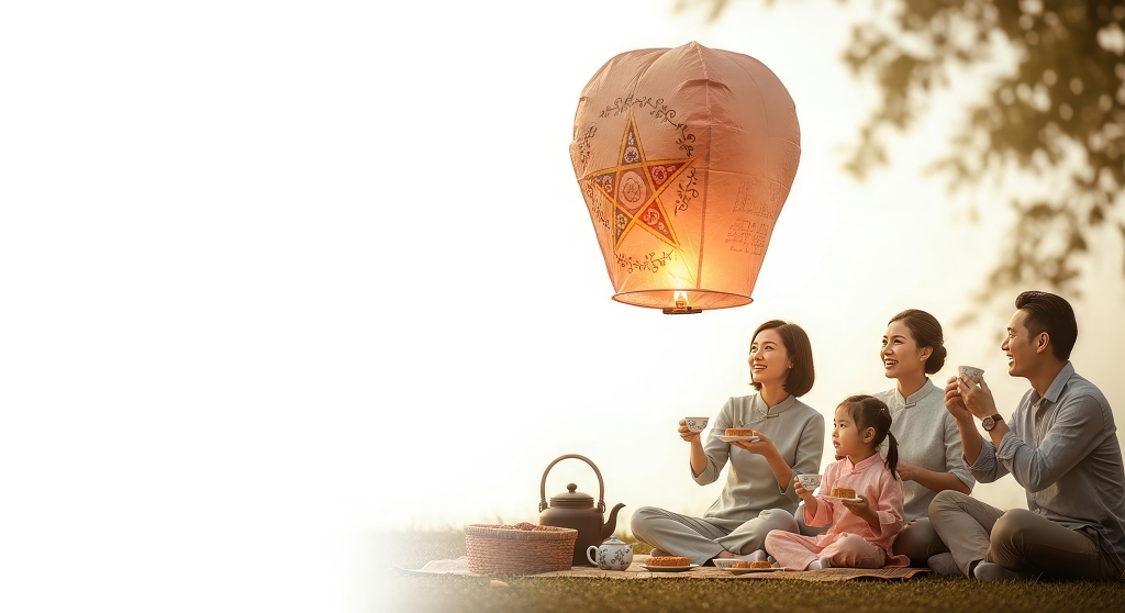 中秋节家庭户外放孔明灯喝茶场景