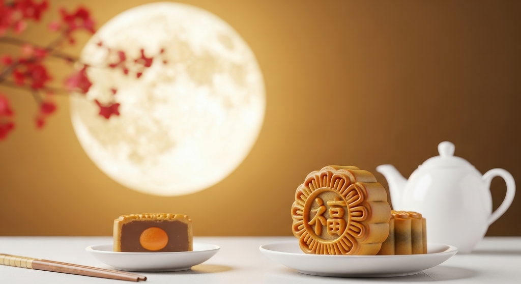 中秋月饼茶壶与圆月背景